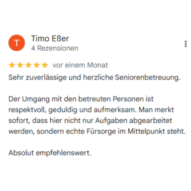 5 Sterne Bewertung zur Betreuung von Senioren im eigenen Zuhause in Korschenbroich