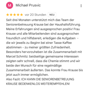 Erfahrungsbericht zur Haushaltshilfe für Senioren in Korschenbroich aus Google Bewertung