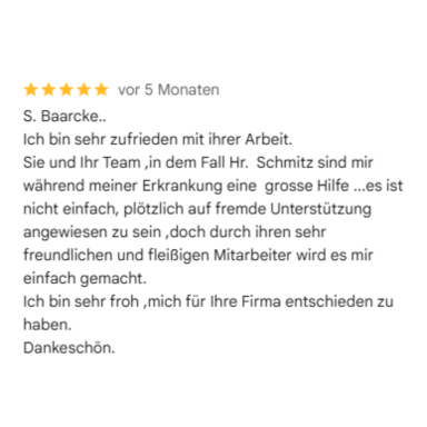 Google Bewertung zur Seniorenbetreuung in Korschenbroich mit 5 Sternen