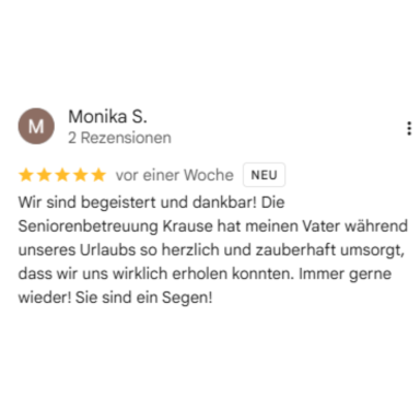Google Rezension zur Bbetreuung und Unterstützung im Alltag in Korschenbroich
